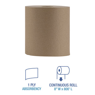 Boardwalk® Hardwound Paper Towels, Nonperforated, 1-Ply, 8" x 800 ft, Natural, 6 Rolls/Carton (6256BW)