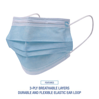 Boardwalk® Three-Ply General Use Face Mask, Blue, 50/Box (BWKMS2000BX)