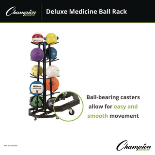 Champion Sports Deluxe Five-Row Mobile Medicine Ball Rack, Metal, 198 lb Capacity, 25" x 25" x 56", Black (CSIMBR3)