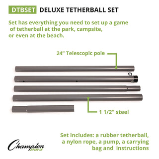 Champion Sports Deluxe Tether Ball Set, Tetherball/102" Cord/(4) 24" Telescoping Poles/Carry Bag/Pump with Needle (CSIDTBSET)