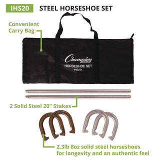 Champion Sports Steel Horseshoe Set, (4) Horseshoes/(2) 20" Stakes/Nylon Carry Bag (CSIIHS20)