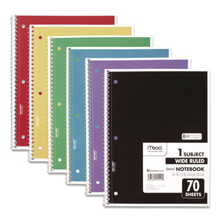 Mead® Spiral Notebook, 1 Subject, Wide/Legal Rule, Assorted Color Covers, 10.5 x 7.5, 70 Sheets (MEA05510)