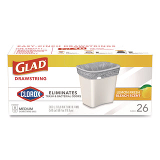 Glad® Medium Drawstring Trash Bags with Clorox, 8 gal, Lemon Fresh Bleach Scent, 0.74 mil, 23" x 21.63", Gray, 26/Box (CLO79316)