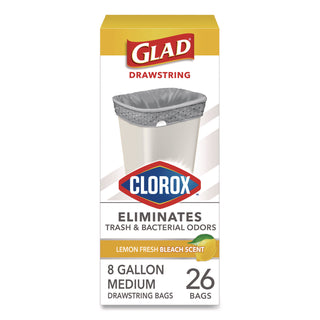 Glad® Medium Drawstring Trash Bags with Clorox, 8 gal, Lemon Fresh Bleach Scent, 0.74 mil, 23" x 21.63", Gray, 26/Box (CLO79316)