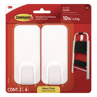 Command™ X-Large Utility Hooks, Plastic, White, 10 lb Capacity, 2 Hooks and 6 Strips/Pack (MMM170102ES)