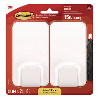 Command™ X-large Utility Hooks, Plastic, White, 15 lb Capacity, 2 Hooks and 8 Strips/Pack (MMM170112ES)