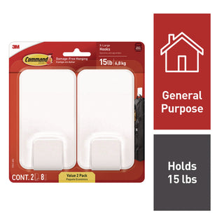 Command™ X-large Utility Hooks, Plastic, White, 15 lb Capacity, 2 Hooks and 8 Strips/Pack (MMM170112ES)