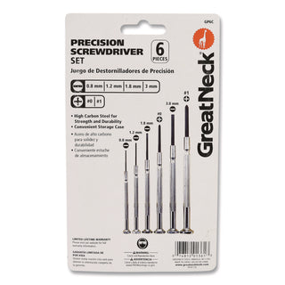 Great Neck® Precision Screwdriver Set, Six-Piece, Phillips/Slotted, Assorted Lengths, Polished Steel Handles (GNSGP6C)