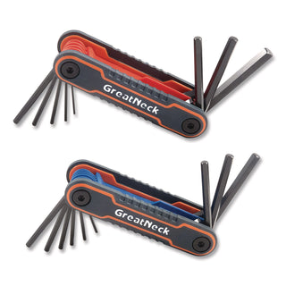Great Neck® Hex Key Fold-Up Tool Set, Two-Piece, Metric/SAE, Black-Oxide/Blue (SAE), Black-Oxide/Red (Metric) (GNS74205)