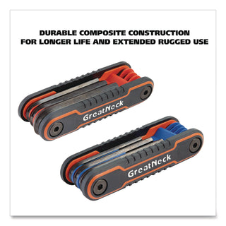 Great Neck® Hex Key Fold-Up Tool Set, Two-Piece, Metric/SAE, Black-Oxide/Blue (SAE), Black-Oxide/Red (Metric) (GNS74205)