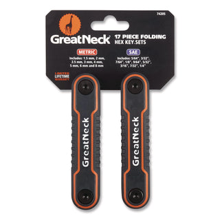 Great Neck® Hex Key Fold-Up Tool Set, Two-Piece, Metric/SAE, Black-Oxide/Blue (SAE), Black-Oxide/Red (Metric) (GNS74205)