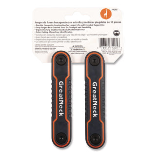 Great Neck® Hex Key Fold-Up Tool Set, Two-Piece, Metric/SAE, Black-Oxide/Blue (SAE), Black-Oxide/Red (Metric) (GNS74205)