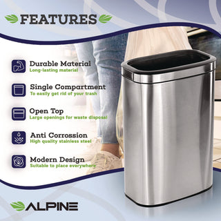 Alpine Industries Stainless Steel Rectangular Liner Open Top Trash Can, 10.5 gal, Brushed Stainless Steel (ALHALP47040L)