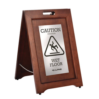 Alpine Industries 2-Sided Plated Wooden A-Frame Bilingual Wet Floor Sign, 15 x 2 x 24, Stainless Steel (ALHALP499SSB)