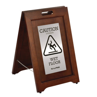 Alpine Industries 2-Sided Plated Wooden A-Frame Bilingual Wet Floor Sign, 15 x 2 x 24, Stainless Steel (ALHALP499SSB)