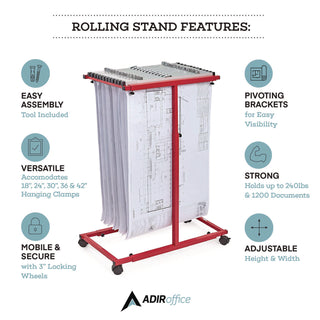 AdirOffice Blueprint Storage Cabinet Steel Vertical Plan Center, Assorted Document Sizes, 15" x 27" to 47.25" x 32.5" to 57", Red (ALHI614RED)
