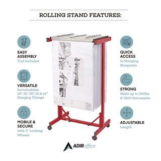 AdirOffice Expandable Blueprint Storage Cabinet Mobile Plan Center, Assorted Document Sizes, 20.5" x 28" to 46.5" x 50.75", Red (ALHI615RED)