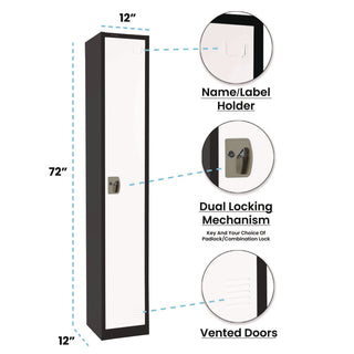 AdirOffice Steel Storage Locker, 1 Compartment, 12 x 12 x 72, Black Body/White Doors (ALHI629201BW)