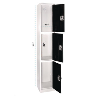 AdirOffice Steel Storage Locker, 3 Compartment, 12 x 12 x 72, Black (ALHI629203BLK)