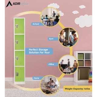AdirOffice Steel Storage Locker, 4 Compartment, 12 x 12 x 72, Green (ALHI629204GRN)