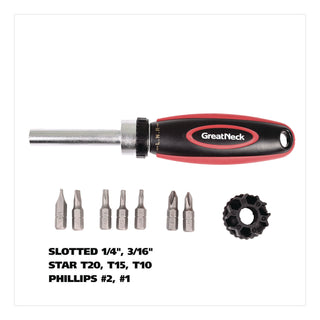 Great Neck® Ratcheting Screw/Nut Driver Set, Phillips/Slotted/Star Bits, 7" Long, Black/Red (GNS950DE)