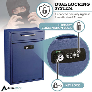 AdirOffice Large Secure Drop Box Wall Mounted Locking Mail Box with Key and Combination lock, 11.2 x 4.7 x 16.2, Blue (ALHI63104BLUKC)