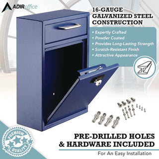 AdirOffice Large Secure Drop Box Wall Mounted Locking Mail Box with Key and Combination lock, 11.2 x 4.7 x 16.2, Blue (ALHI63104BLUKC)