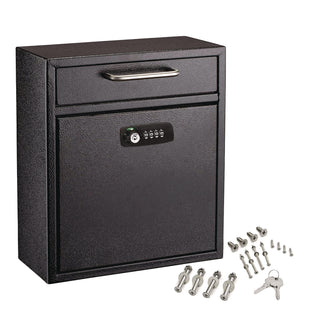AdirOffice Medium Secure Drop Box Wall Mounted Locking Mail Box with Key and Combination Lock, 10.51 x 4.72 x 12, Black (ALHI63105BLKKC)