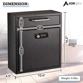 AdirOffice Medium Secure Drop Box Wall Mounted Locking Mail Box with Key and Combination Lock, 10.51 x 4.72 x 12, Black (ALHI63105BLKKC)