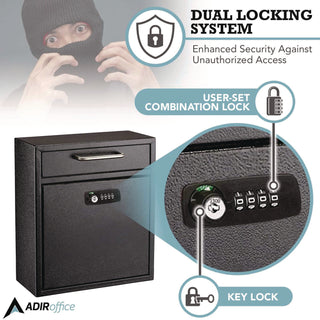 AdirOffice Medium Secure Drop Box Wall Mounted Locking Mail Box with Key and Combination Lock, 10.51 x 4.72 x 12, Black (ALHI63105BLKKC)