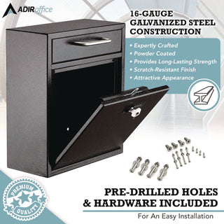 AdirOffice Medium Secure Drop Box Wall Mounted Locking Mail Box with Key and Combination Lock, 10.51 x 4.72 x 12, Black (ALHI63105BLKKC)