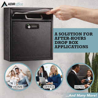 AdirOffice Medium Secure Drop Box Wall Mounted Locking Mail Box with Key and Combination Lock, 10.51 x 4.72 x 12, Black (ALHI63105BLKKC)