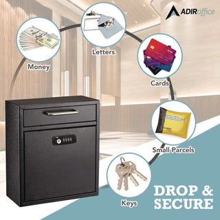 AdirOffice Medium Secure Drop Box Wall Mounted Locking Mail Box with Key and Combination Lock, 10.51 x 4.72 x 12, Black (ALHI63105BLKKC)