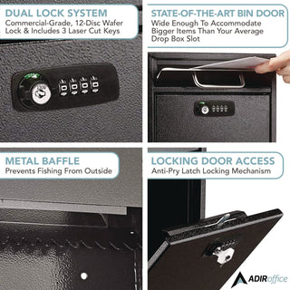 AdirOffice Medium Secure Drop Box Wall Mounted Locking Mail Box with Key and Combination Lock, 10.51 x 4.72 x 12, Black (ALHI63105BLKKC)