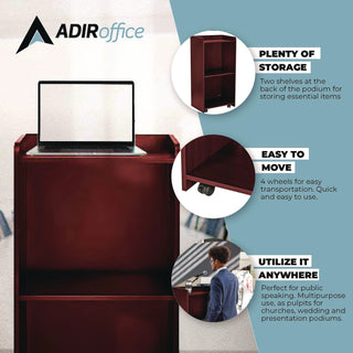 AdirOffice Wood Mobile Presentation Lectern Speaker Stand with Shelves, 22.44 x 16.53 x 45.98, Mahogany (ALHI66107MA)