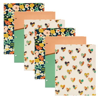 PUKKA PAD® Two-Pocket Portfolio Folder, 1" Capacity, 9.6 x 11.9, Floral/Geometric/Hearts, 6/Pack (PUK9098CD)