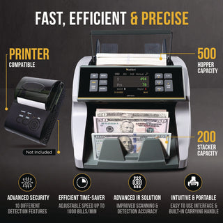 Kolibri KBR1500V2 Mixed Denomination Cash Counter, 1,200 Bills/min, 9.5 x 11 x 10.4, Gray (KIBKBR1500V2)