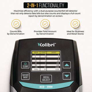 Kolibri KCD-2000 Counterfeit Detector, IR Detector; Magnetic Strip Detection; UV Light, U.S. Currency, 5 x 6 x 5, Black/Gray (KIBKCD2000)