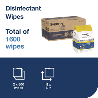 Tork® Disinfectant Wipe Jumbo Rolls, 1-Ply, 8 x 6, Lemon, White, 800 Sheets, 2/Carton (TRK192821)