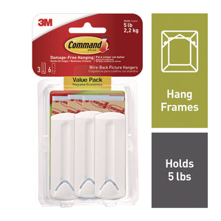 Command™ Wire-Backed Picture Hanging Hooks, Plastic, White, Supports 5 lbs, 3/Pack (MMM70005152874)