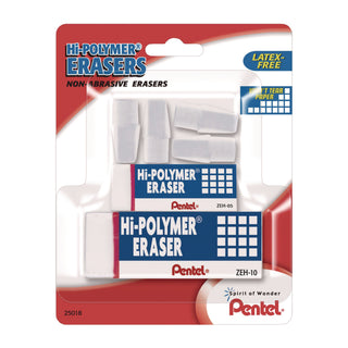 Pentel® Hi-Polymer Eraser Assortment, (4) Pencil Caps/(1) Large Block/(1) Small Block, White, 6/Pack (PENZEH2510BP)