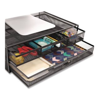 MOUNT-IT! Metal Mesh Monitor Stand with Storage Drawers, For Up to 32" Monitors, 15.8" x 11.8" x 4.7", Black, Supports 30 lb (MNIMI7365)
