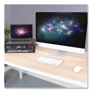 MOUNT-IT! Metal Mesh Monitor Stand with Storage Drawers, For Up to 32" Monitors, 15.8" x 11.8" x 4.7", Black, Supports 30 lb (MNIMI7365)