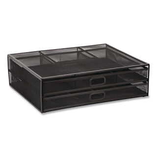 MOUNT-IT! Metal Mesh Monitor Stand with Storage Drawers, For Up to 32" Monitors, 15.8" x 11.8" x 4.7", Black, Supports 30 lb (MNIMI7365)