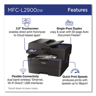 Brother Wireless MFC-L2900DW Compact Monochrome AIO Laser Printer, Copy/Fax/Print/Scan (BRTMFCL2900DW)