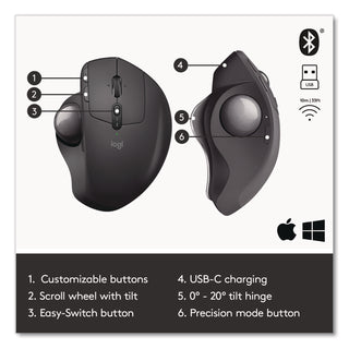 Logitech® MX Ergo Plus Advanced Wireless Trackball Mouse, 2.4 GHz Frequency/33 ft Wireless Range, Right Hand Use, Black (LOG2764655)