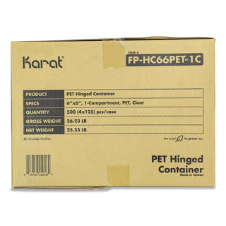 Karat® PET Plastic Hinged Container, 6 x 6 x 3.3, Clear, Plastic, 500/Carton (KRTFPHC66PET1C)