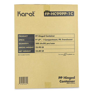 Karat® Polypropylene Plastic Hinged Container, 9.35 x 9.22 x 3.17, Clear, Plastic, 50/Pack, 4 Packs/Carton (KRTFPHC99PP1C)