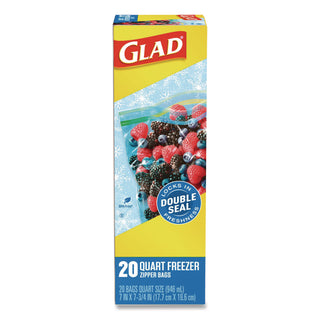 Glad® Zipper Food Storage Plastic Bags, Freezer Bags, Quart Size, 7.75 x 8.44, Clear, 20 Bags/Box, 12 Boxes/Carton (CLO57035)