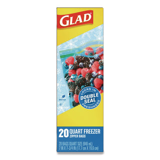 Glad® Zipper Food Storage Plastic Bags, Freezer Bags, Quart Size, 7.75 x 8.44, Clear, 20 Bags/Box, 12 Boxes/Carton (CLO57035)